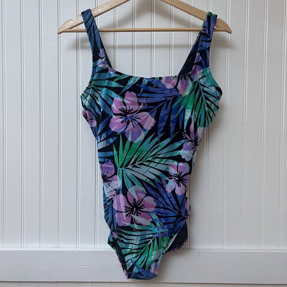 TYR One Piece Swimsuit Tropical Flowers Leaf Pattern Pink Purple Green - Picture 2 of 11